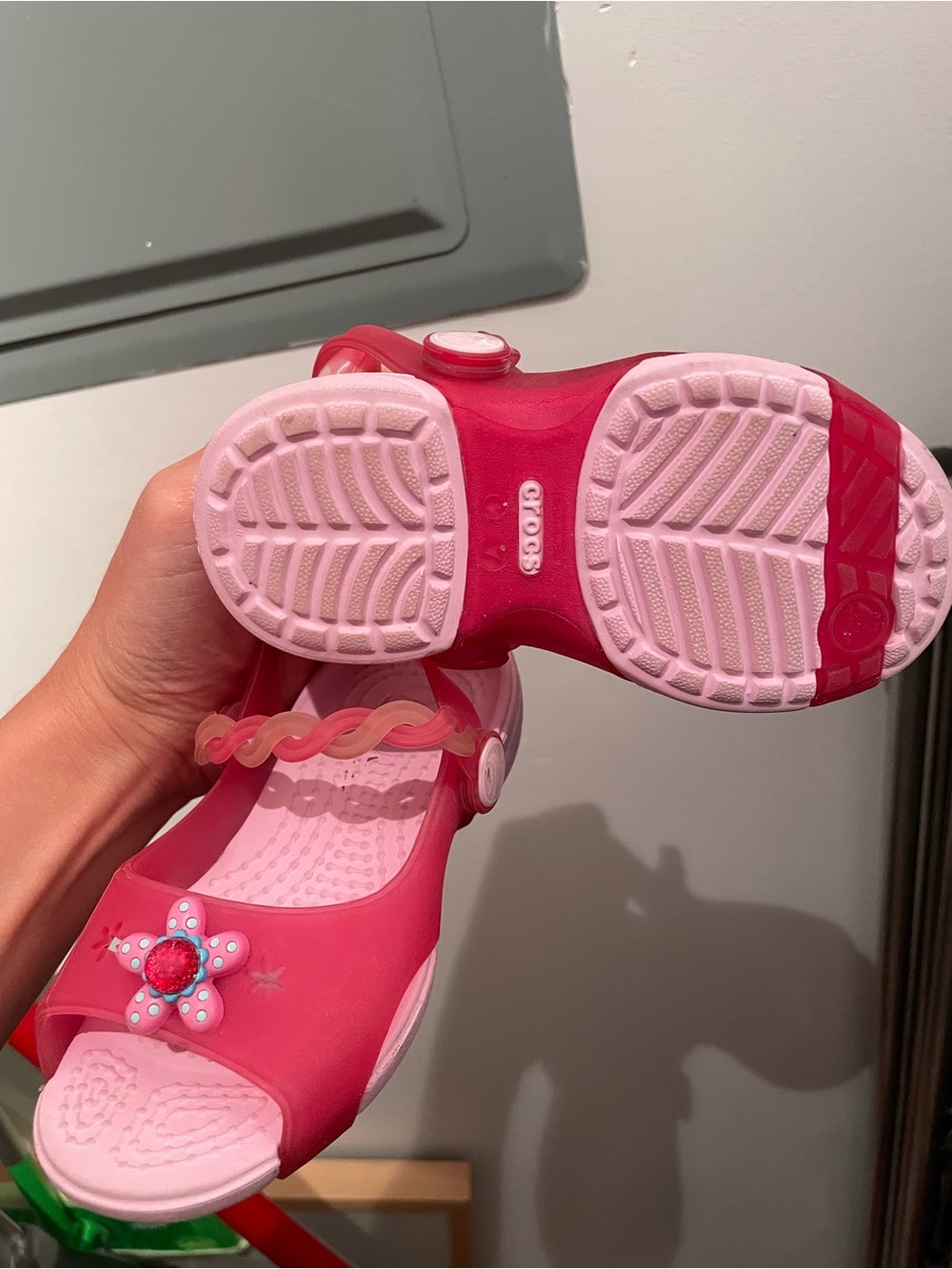 Crocs Princess pink sandals with pink gem and flower